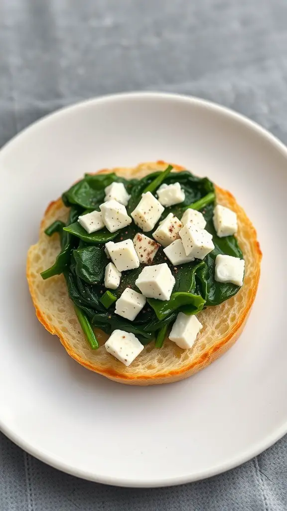 A toasted English muffin topped with sautéed spinach and crumbled feta cheese.