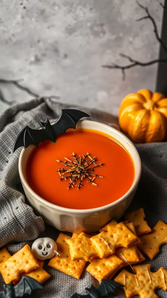 A bowl of bright red tomato soup garnished with black cloves and a bat-shaped spoon, surrounded by Halloween-themed crackers and a pumpkin.