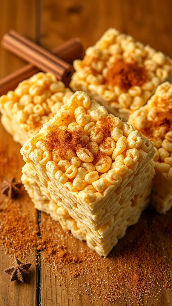 Stacked squares of Spicy Cinnamon Rice Krispie Treats with cinnamon sticks and star anise around them.