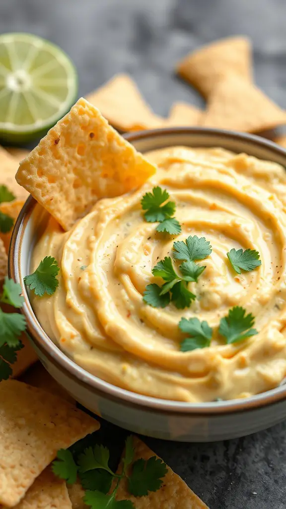 A bowl of creamy cilantro lime corn dip garnished with cilantro leaves, with tortilla chips on the side.