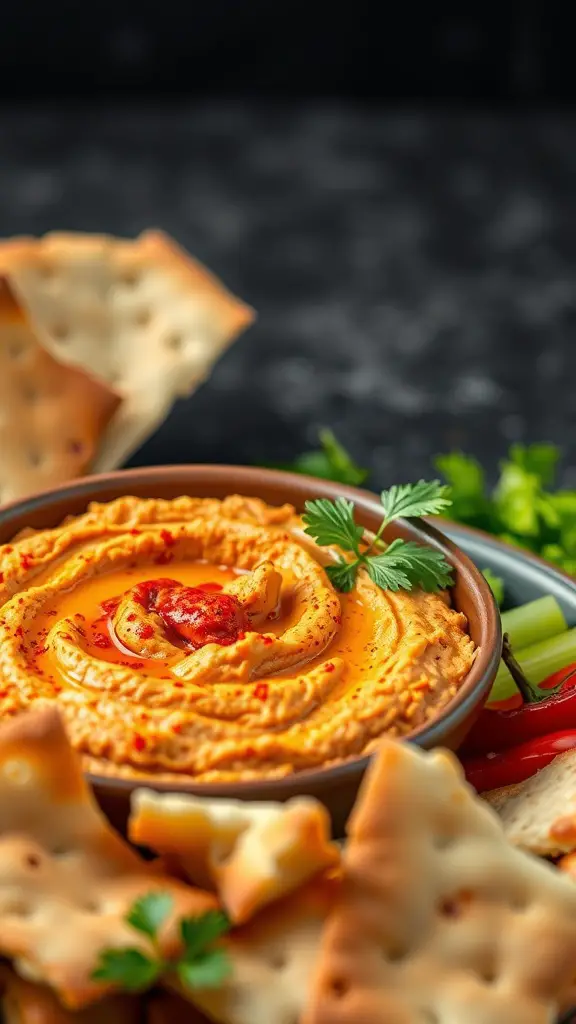 A bowl of spicy roasted red pepper hummus garnished with olive oil and spices, surrounded by pita chips and fresh vegetables.