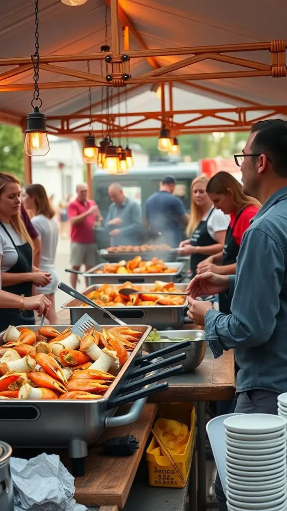 A bustling seafood boil station with guests preparing their meals.