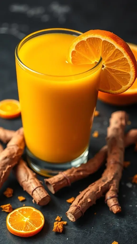 A glass of orange turmeric juice garnished with a slice of orange, surrounded by turmeric roots and orange slices.