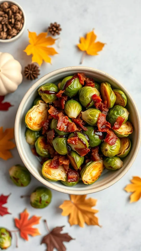 A bowl of Maple Bacon Brussels Sprouts surrounded by autumn leaves and pine cones.