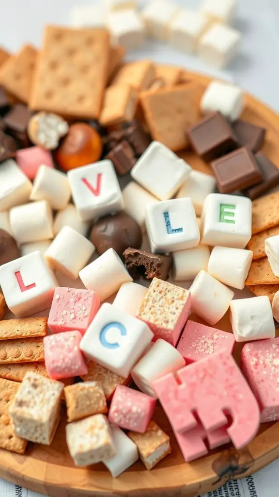 A variety of gourmet marshmallows and snacks arranged on a charcuterie board.