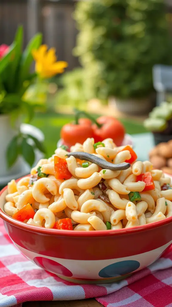 A bowl of creamy macaroni salad with colorful vegetables, set outdoors.