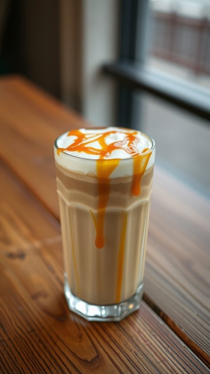 A glass of Caramel Macchiato Over Ice with caramel drizzle on top