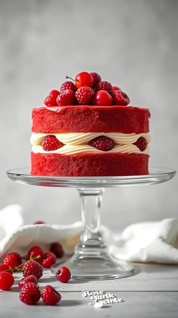 A layered red fruit cake topped with raspberries and cherries on a glass cake stand.
