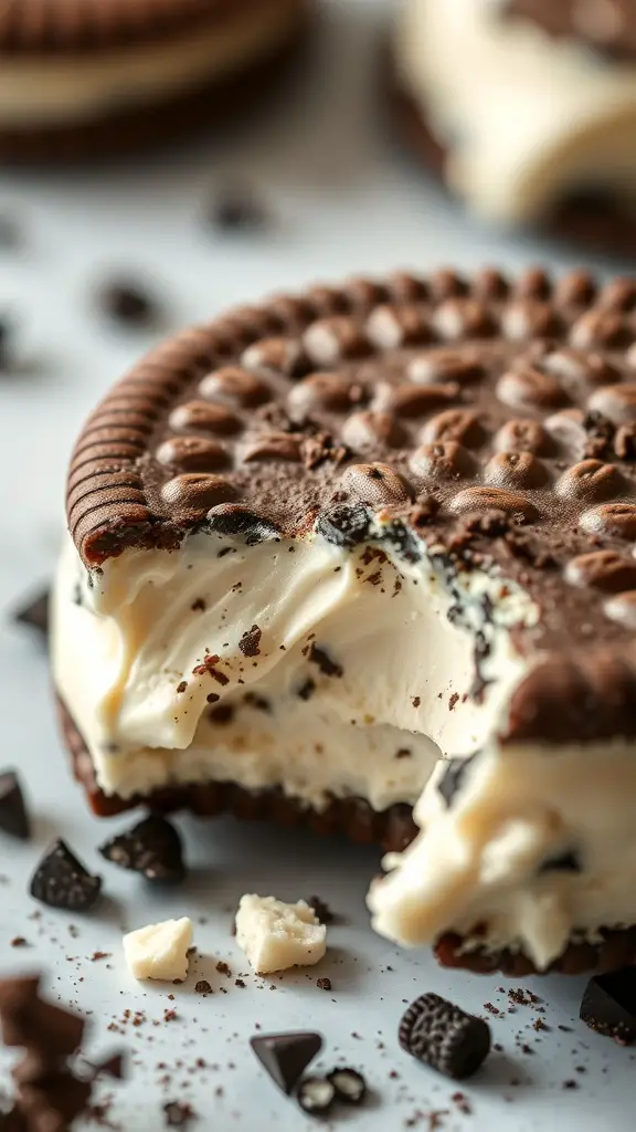 Close-up of an Oreo cookie ice cream sandwich with a bite taken out, surrounded by chocolate chips and cookie crumbs.