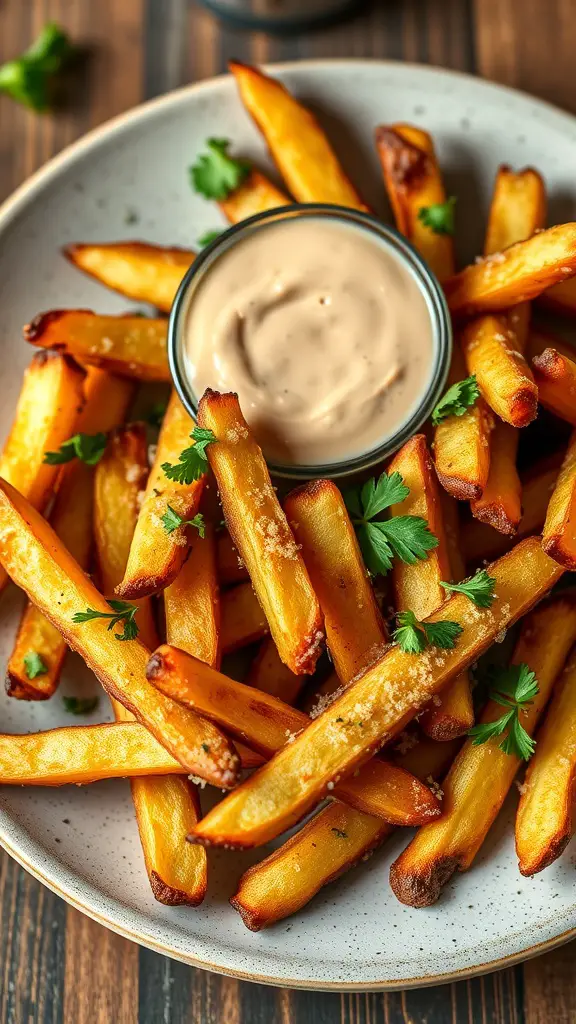 A plate of crispy garlic parmesan fries with a dipping sauce