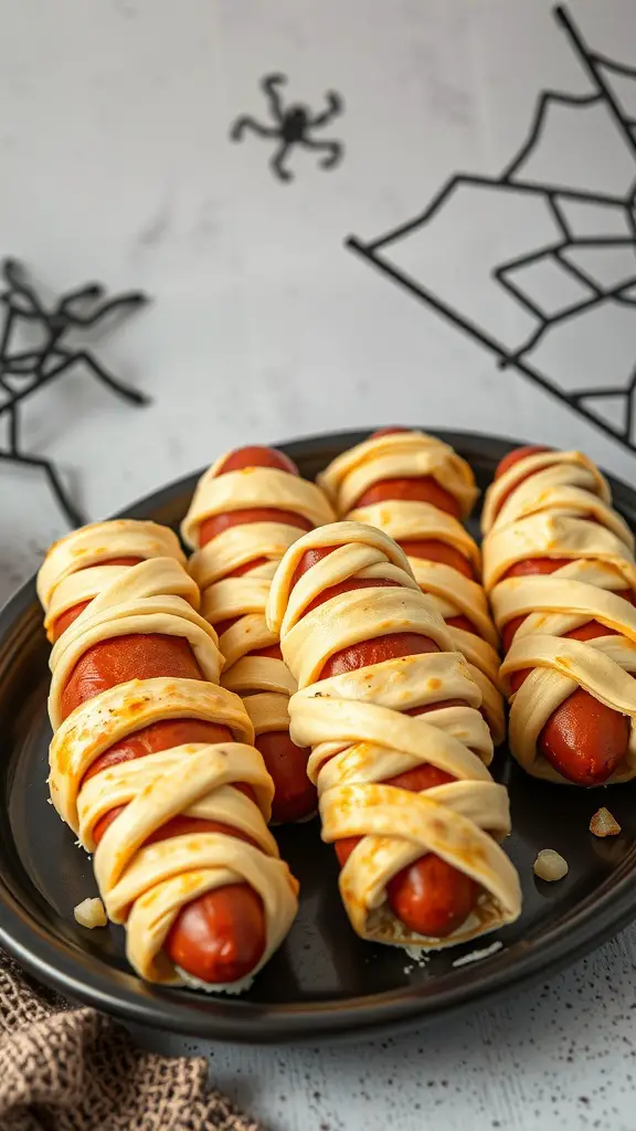 A plate of mummy hot dogs wrapped in crescent dough, resembling mummies, with a spooky backdrop.