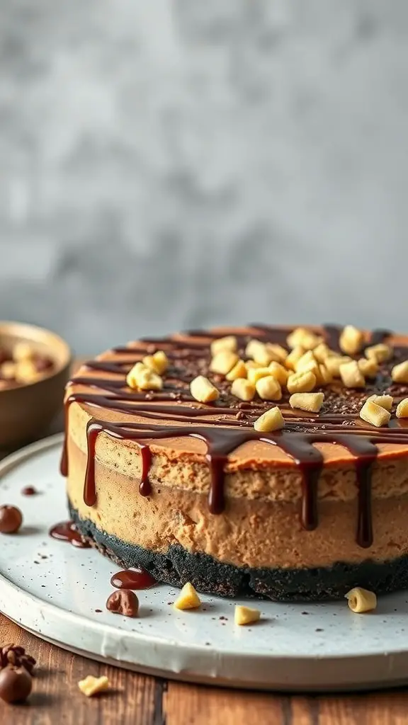 A delicious Chocolate Hazelnut No Bake Cheesecake topped with chocolate drizzle and hazelnut pieces.