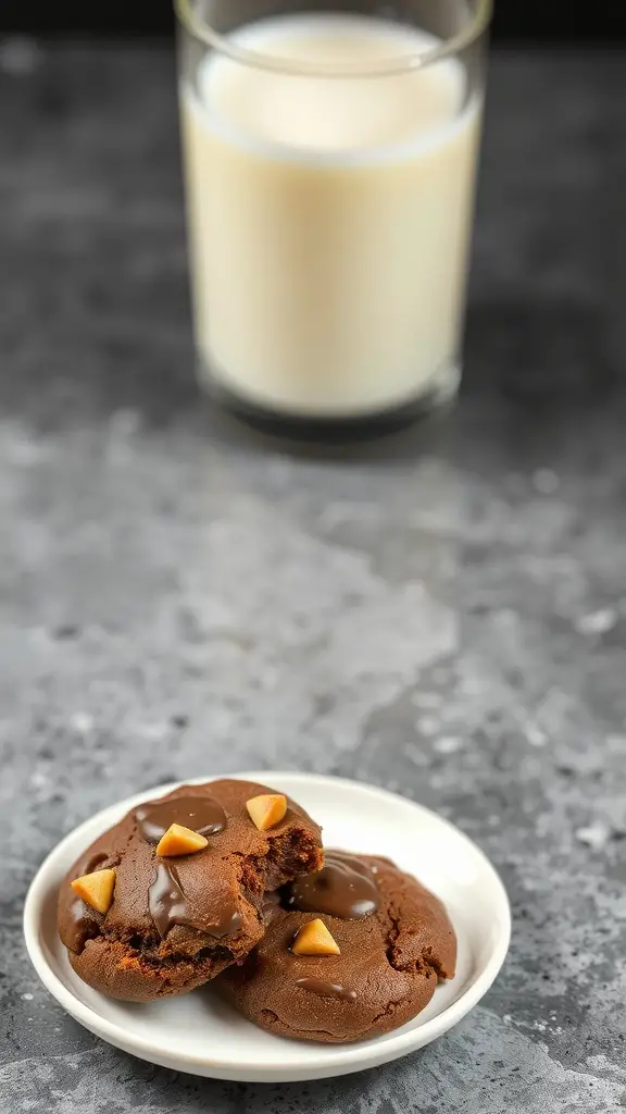 A plate of chocolate peanut butter no bake cookies with a glass of milk in the background.