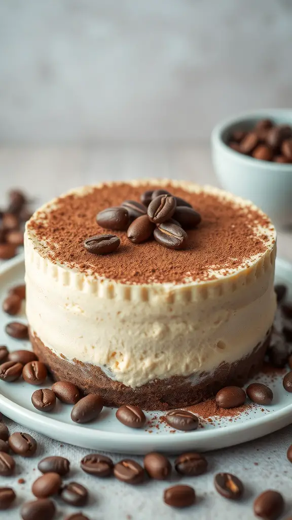 A Tiramisu No Bake Cheesecake topped with cocoa powder and coffee beans, surrounded by coffee beans.