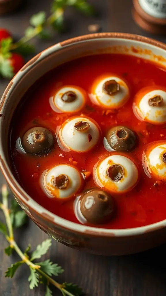 A bowl of Bloody Mary Eyeball Soup with mozzarella and olive eyeballs floating in a rich tomato broth.