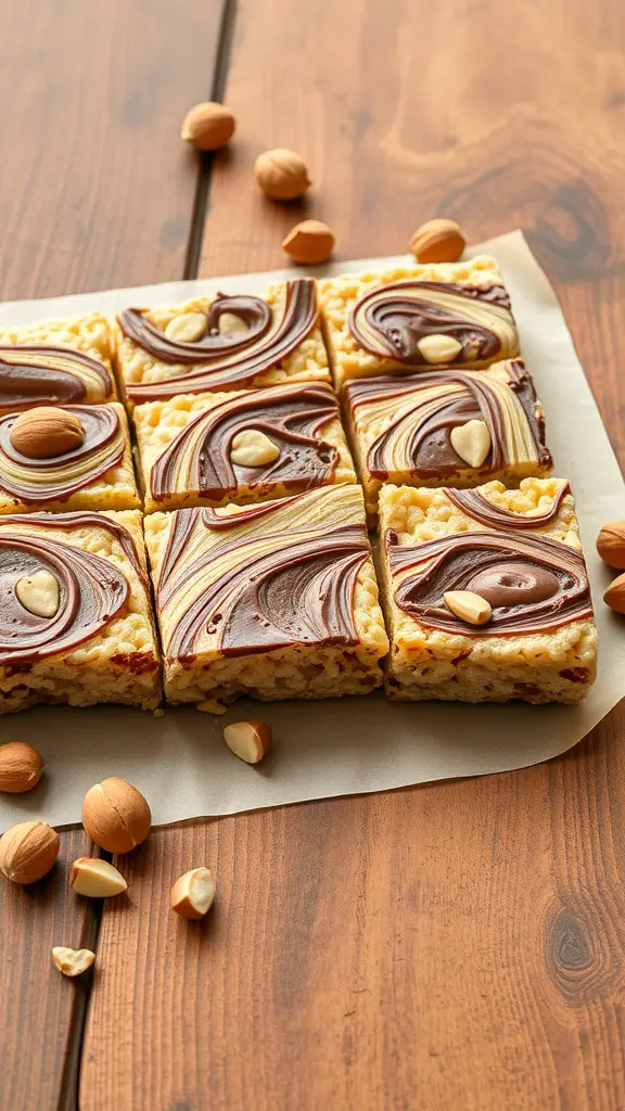 Nutella swirled Rice Krispie treats on a wooden table with hazelnuts