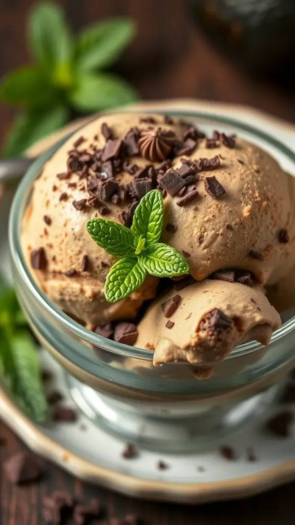 Bowl of creamy avocado chocolate ice cream topped with chocolate shavings and a mint leaf