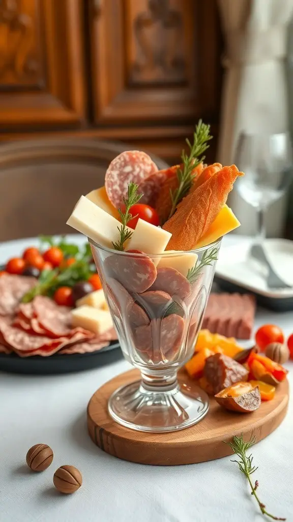 A glass cup filled with salami, cheese, and cherry tomatoes, garnished with herbs, alongside a platter of assorted meats and cheeses.