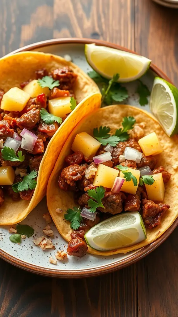 Two tacos al pastor with pineapple, garnished with cilantro and lime wedges.