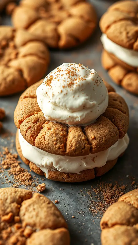 Ginger molasses ice cream sandwiches with a scoop of ice cream in between two cookies
