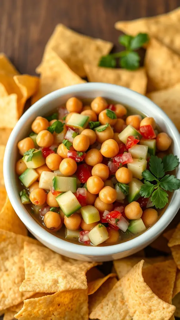 A bowl of chickpea and avocado salsa surrounded by tortilla chips.