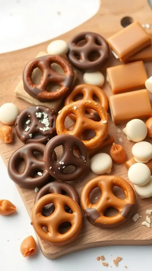 A variety of sweet treats including chocolate-covered pretzels, caramel squares, and white chocolate drops on a wooden board.