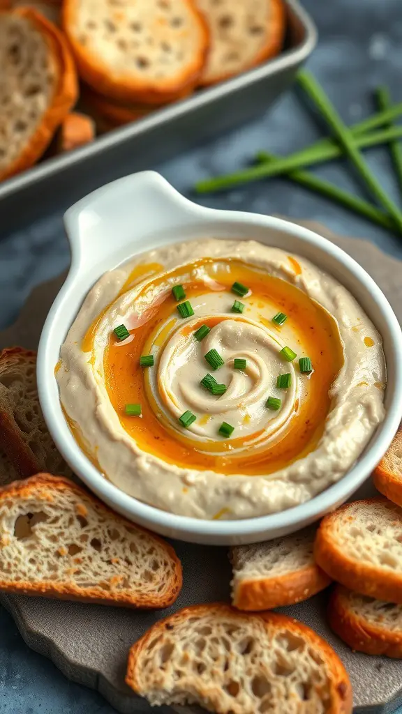 A bowl of caramelized onion dip surrounded by slices of toasted bread.