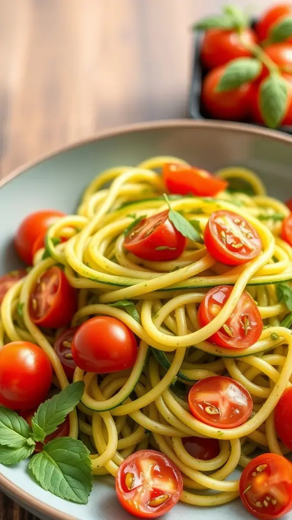 A bowl of zucchini noodles topped with cherry tomatoes and basil
