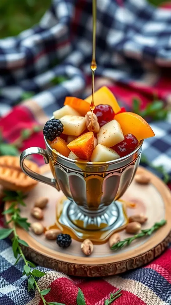 A cup filled with assorted fruits like peaches, apples, and cherries, topped with honey and surrounded by peanuts.