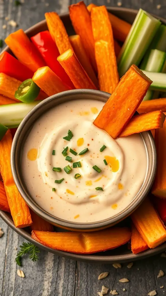 Bowl of Spicy Chipotle Ranch dressing surrounded by colorful vegetable sticks