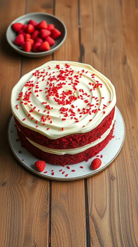 A classic red velvet cake with cream cheese frosting, topped with red sprinkles and fresh raspberries.