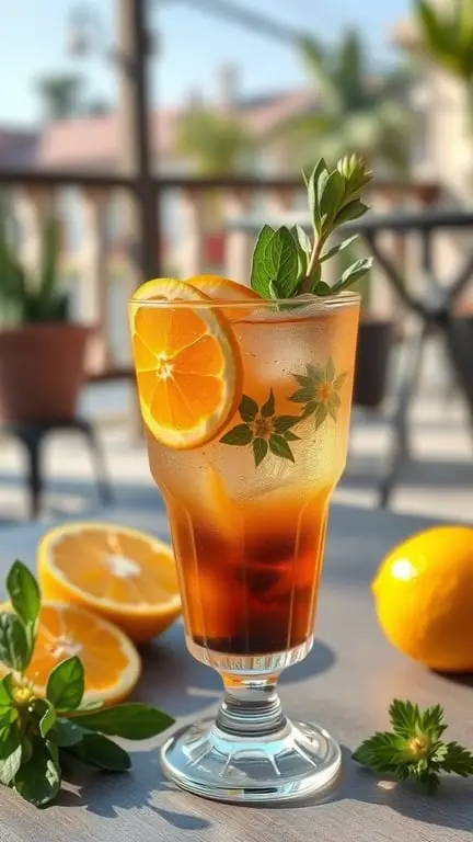 A refreshing Iced Espresso Tonic with Citrus, garnished with orange slices and mint.