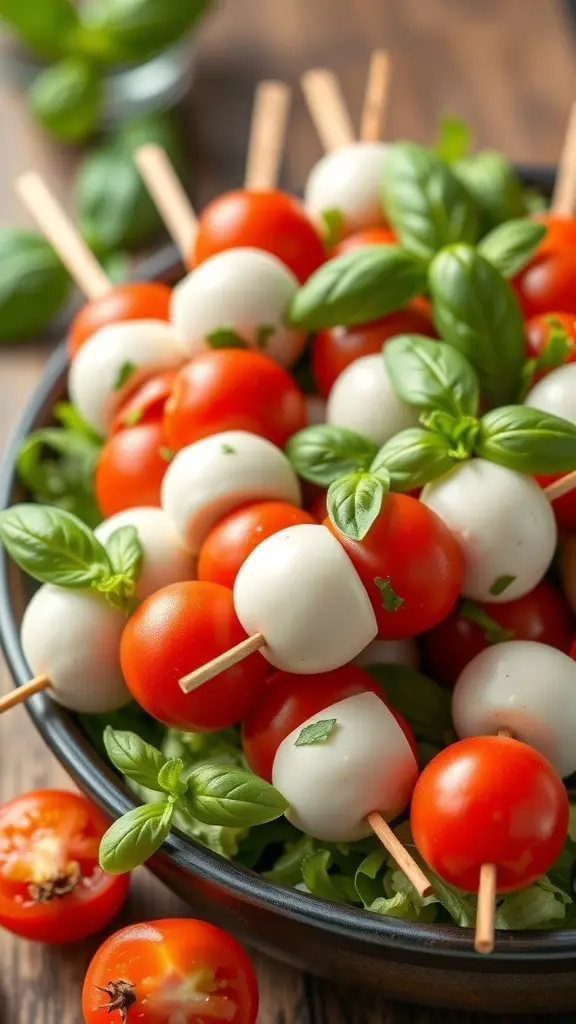 A bowl filled with Caprese salad skewers made of cherry tomatoes, mozzarella balls, and basil leaves.
