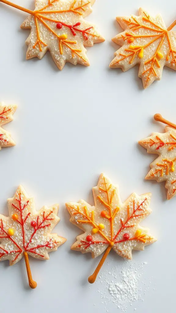 Decorated maple leaf cookies with sugar dusting, showcasing vibrant fall colors.