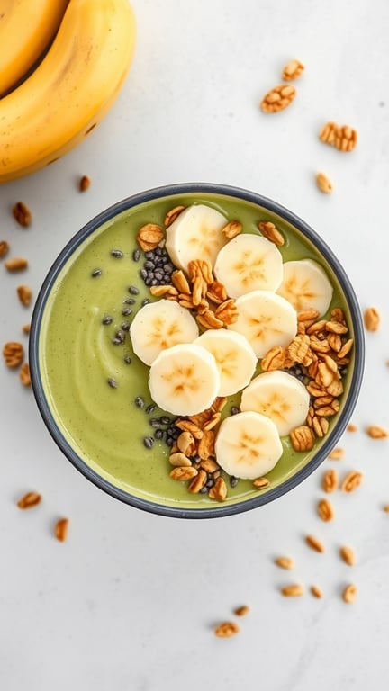 A matcha banana smoothie bowl topped with banana slices, granola, and chia seeds, with bananas in the background.