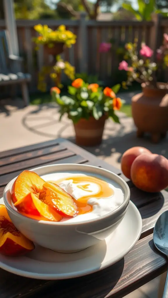 A bowl of yogurt topped with caramelized peach slices and drizzled with caramel sauce, set in a sunny outdoor environment.