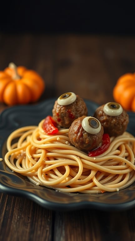 A plate of spaghetti topped with meatballs resembling eyeballs, garnished with olives, and surrounded by small pumpkins.