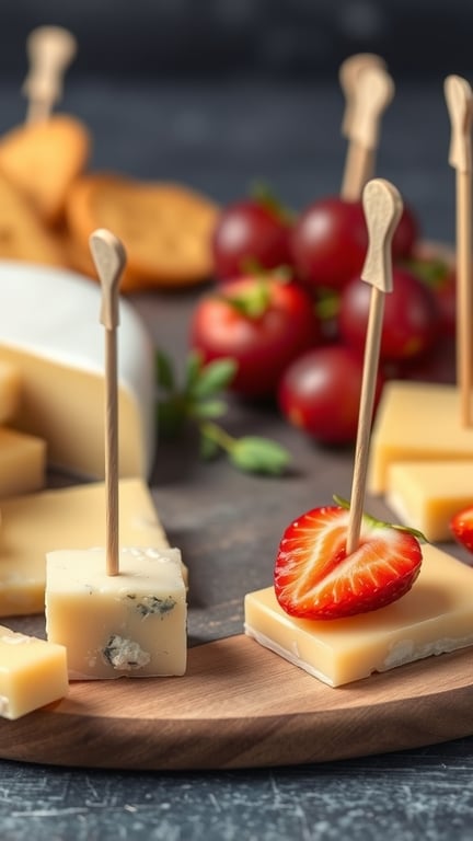 A platter of assorted cheese cubes and fresh fruits, including strawberries and grapes, with toothpicks for easy serving.