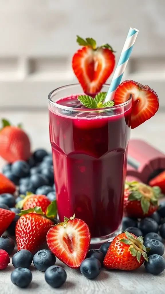 A glass of beetroot and berry juice surrounded by fresh strawberries and blueberries.