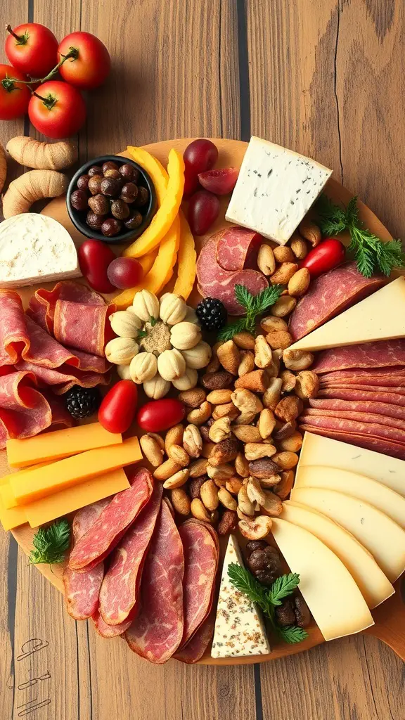 An elegant charcuterie board featuring various meats, cheeses, fruits, and nuts.