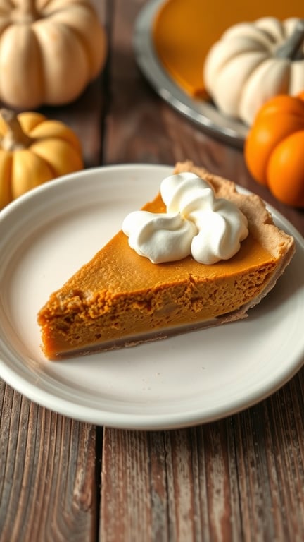A slice of no bake pumpkin pie topped with whipped cream, surrounded by small pumpkins.