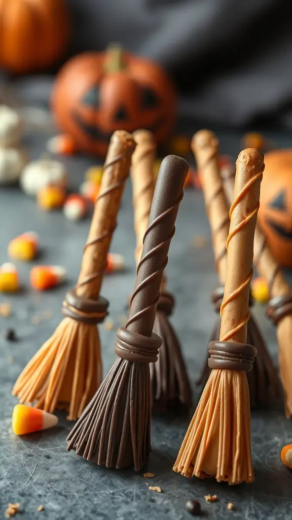 Chocolate-covered pretzel broomsticks arranged on a table with Halloween decorations