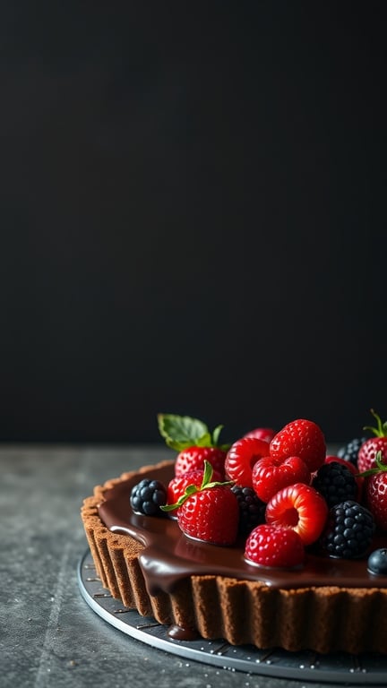 A no bake chocolate tart topped with fresh raspberries and blackberries on a dark background.