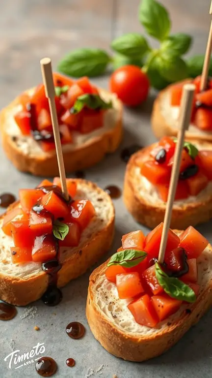 Bruschetta bites topped with diced tomatoes, basil, and balsamic glaze on toasted bread slices.