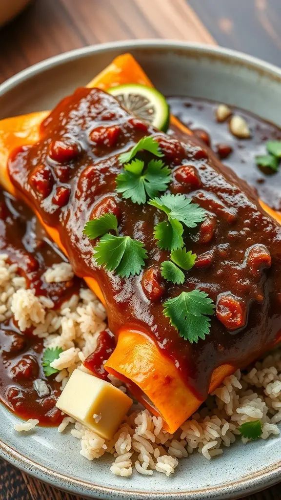 A plate of vegetarian enchiladas topped with mole sauce, garnished with cilantro and served with rice.