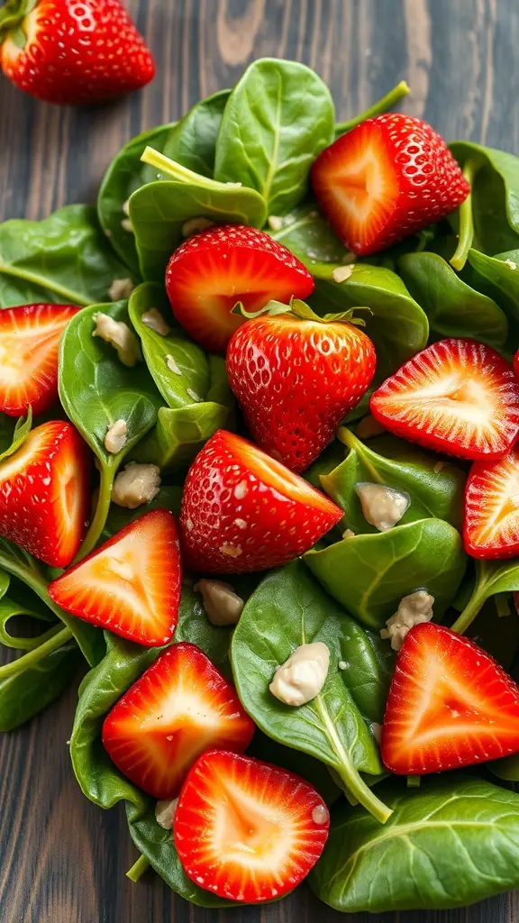 A fresh spinach and strawberry salad with sliced strawberries on top of spinach leaves.