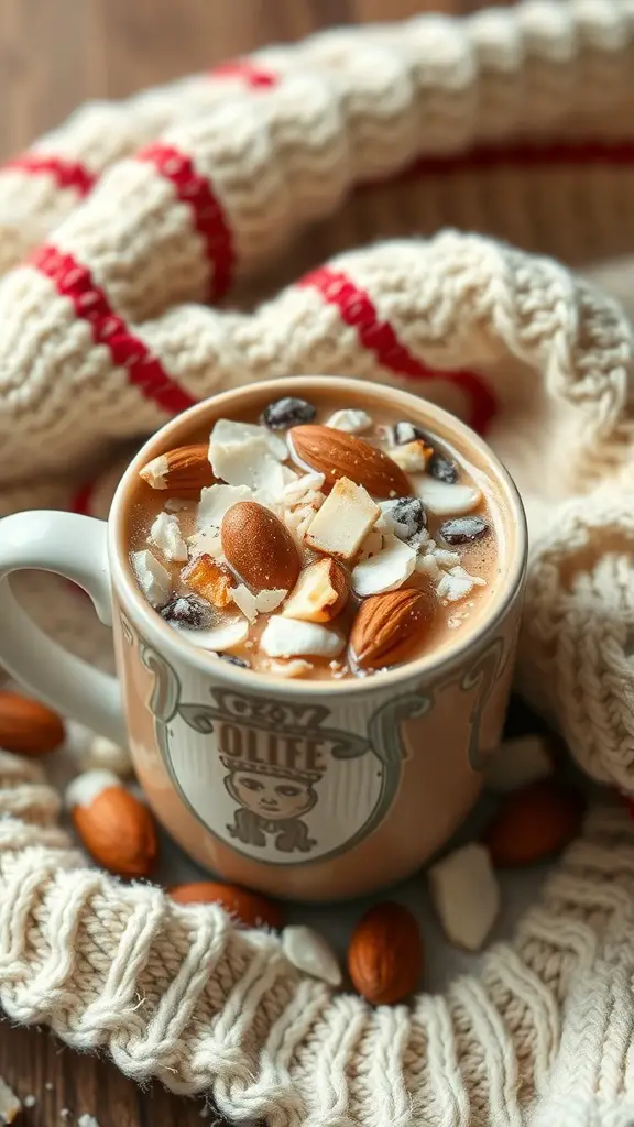 A warm mug of Almond Joy Coffee topped with almonds and coconut, surrounded by a knitted scarf and scattered almonds.
