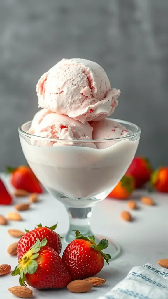A glass bowl filled with strawberry almond milk ice cream, topped with fresh strawberries and surrounded by almonds.