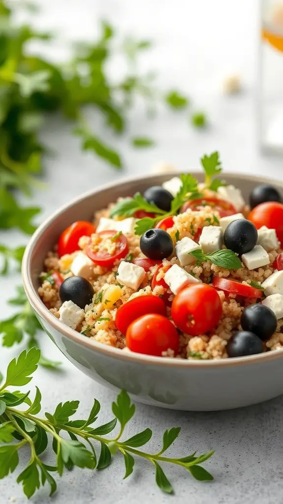 A bowl of Mediterranean quinoa salad with cherry tomatoes, black olives, and feta cheese.