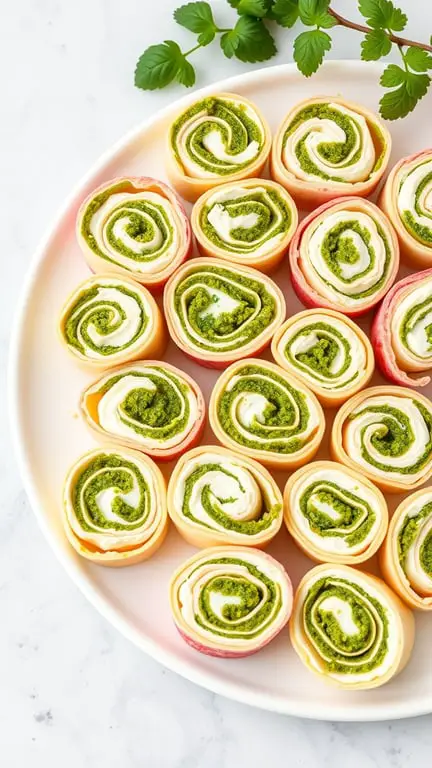 A platter of colorful pesto pinwheels with cream cheese, showcasing vibrant green swirls.